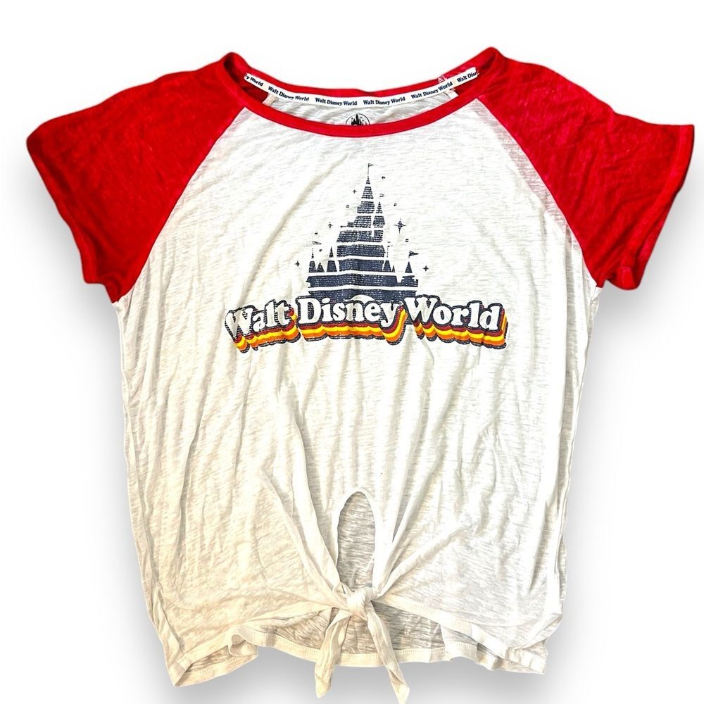 Walt Disney World Graphic Print Tee Tie Front Short Sleeve White Red Size XXL